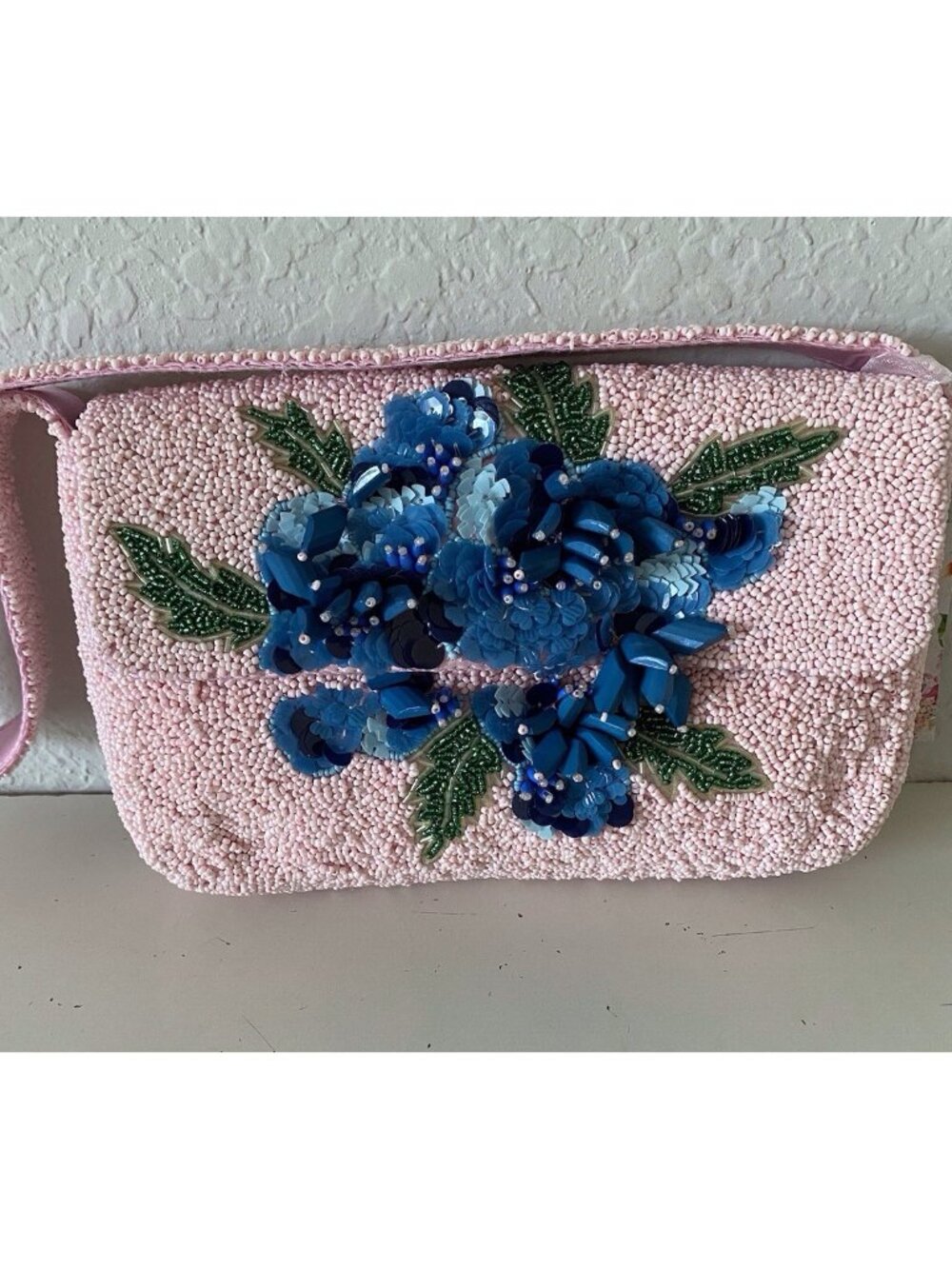 Handcrafted In India Beaded Pink Bag With Blue Hydrangea Floral VIRAL NEW